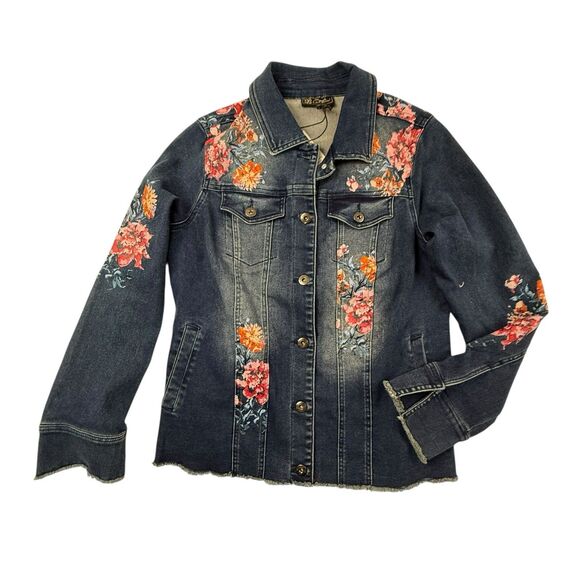 NEW DG2 by Diane Gilman Floral Denim Jean Jacket Women Size Medium Split Cuffs - Picture 4 of 12